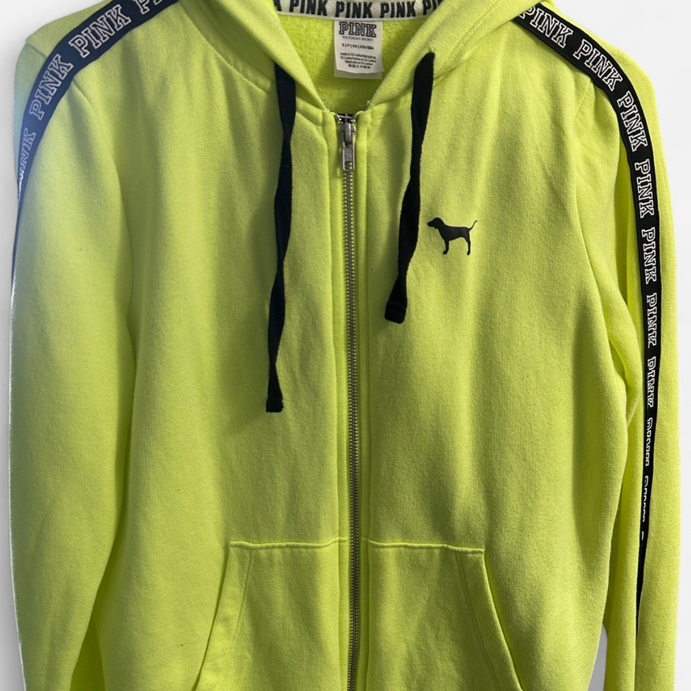 PINK Neon Yellow Zip-Up Hoodie with Black Dog Logo